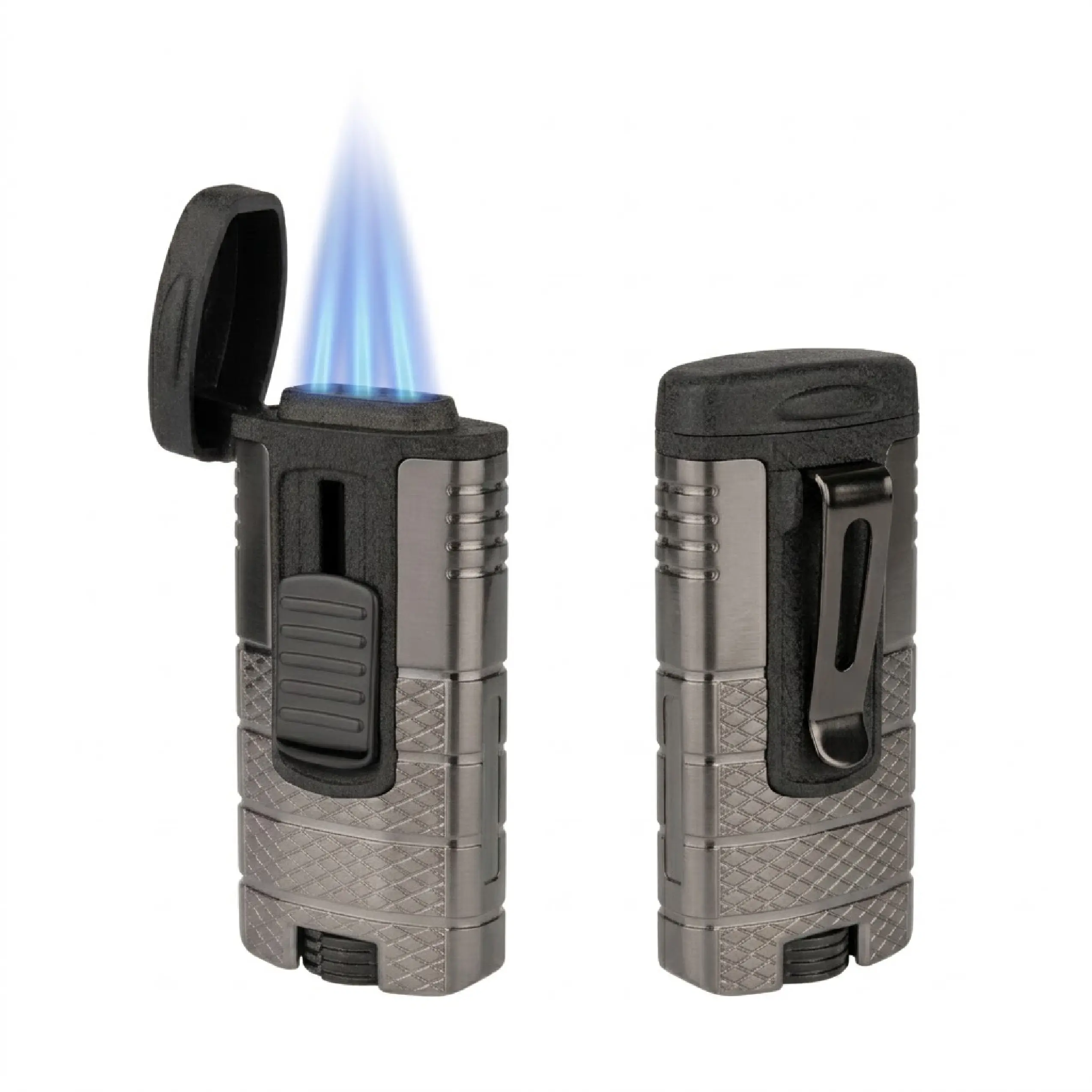 Brichetă Xikar Tactical Triple Gunmetal Black cu cele trei flăcări aprinse, vedere din spate