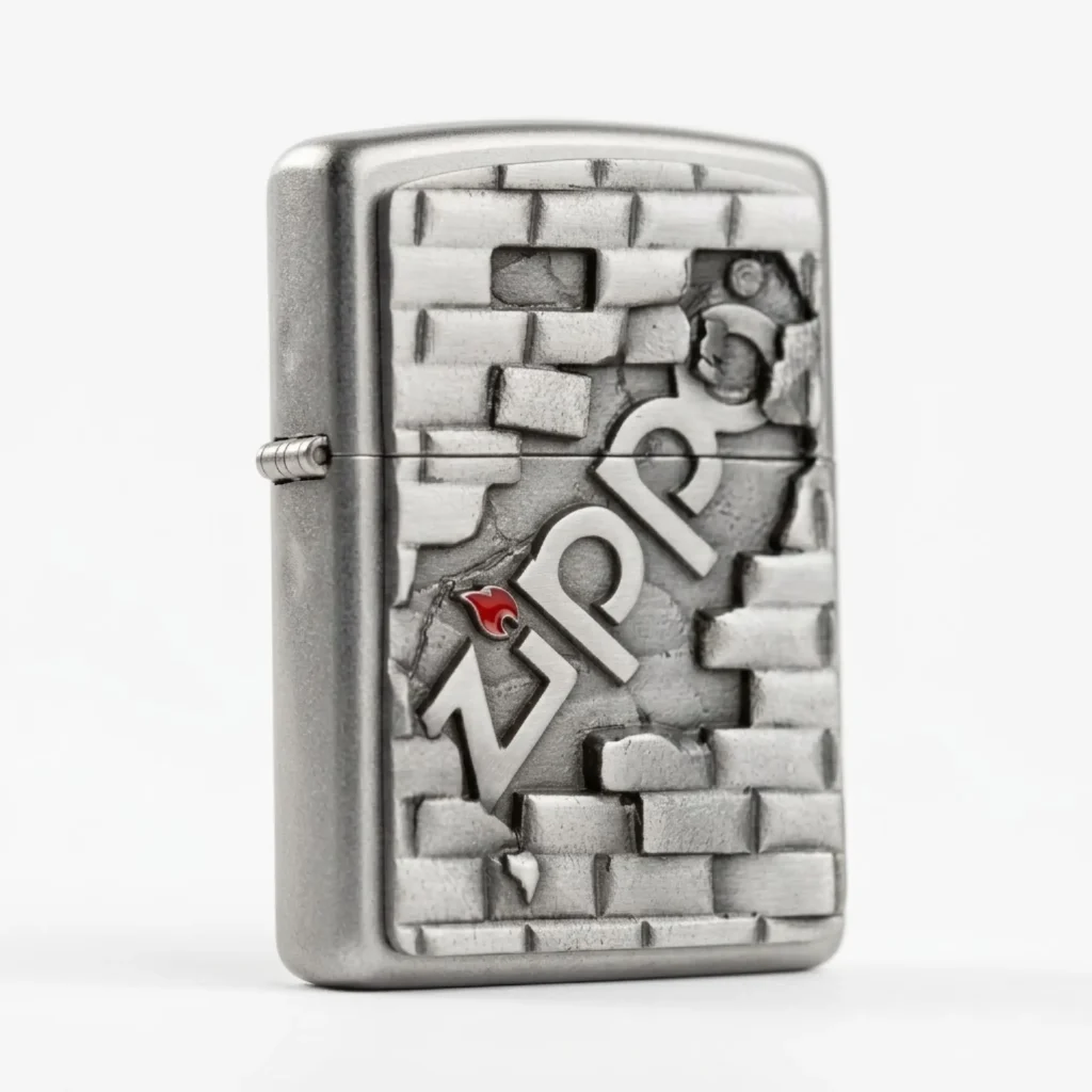 Detaliu emblemă Zippo din pewter pe brichetă Wall Emblem